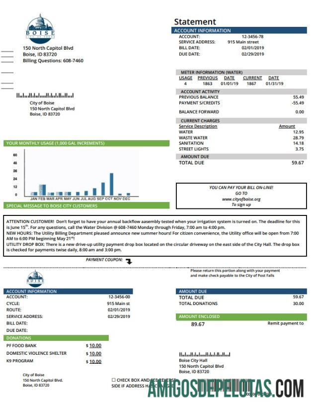 realista Modelo de conta de serviços públicos de água, EUA, Idaho, Boise, cidade das árvores, em formato Word e PDF